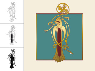 Medieval, Celtic Initial Letter I combining animal body parts from a Dog and a bird with endless knot ornaments in four different versions