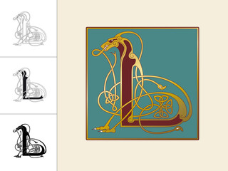 Medieval, Celtic Initial Letter L combining animal body parts from a lion and endless knot ornaments in four different versions