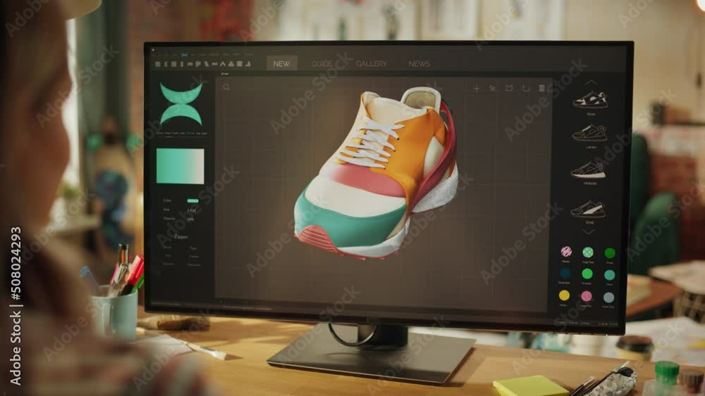 Leinwandbilder Over the Shoulder View of Teenage Female Comes Up with Design of Sneakers by Reproducing It in the Program for 3d Visualisation. She Changes Colour and Looking at Model from Different Sides. Close Up