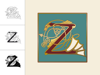 Medieval, Celtic Initial Letter Z combining animal body parts from a Dog and a Dragon with knot ornaments in four different versions