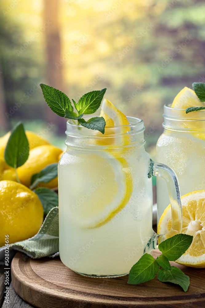 Wall mural glass of lemonade with mint and lemons