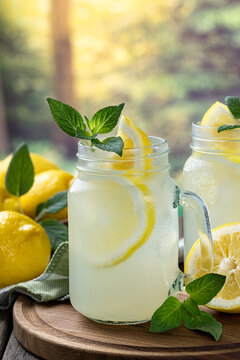 Glass of lemonade with mint and lemons
