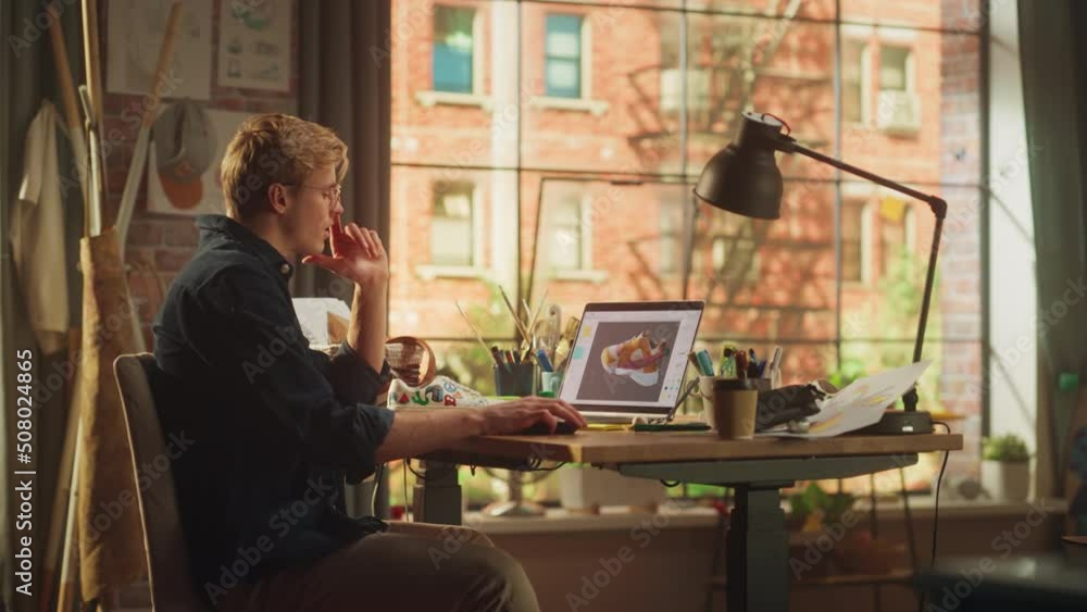 Poster caucasian man design at video game at his personal computer in a creative office space.man designing