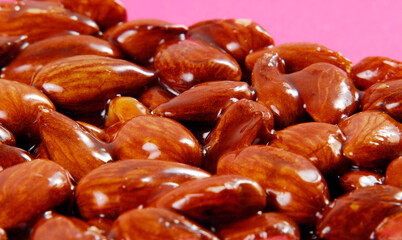 front view from caramelized nuts background.