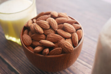  almond nut and milk on table 