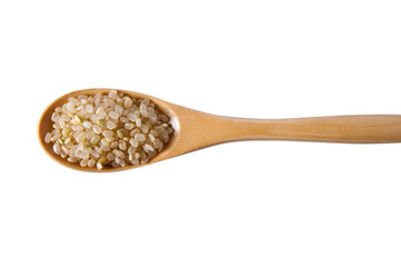 Fototapeta na wymiar Wooden spoon, filled, fresh, white rice, white background