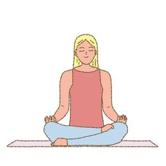 Hand drawn flat vector illustration of person who doing lotus yoga or fitness exercise on mat isolated on white background. 