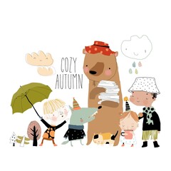 Cartoon Happy Children and Animals meeting Autumn on White Background