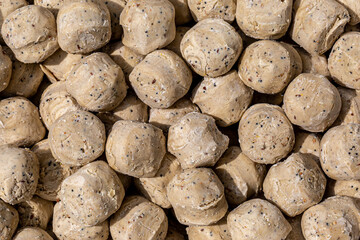 A full frame photograph of fat balls for birds
