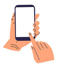 One hand holds a mobile phone, the other points a finger at a blank screen. Isolated on white background. Blank screen, phone layout. Flat style. Vector illustration.