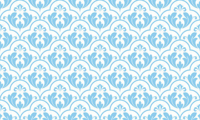 Flower geometric pattern. Seamless vector background. White and blue ornament. Ornament for fabric, wallpaper, packaging. Decorative print