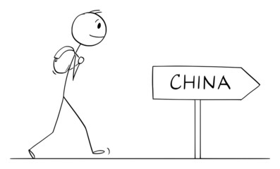 Tourist on Journey to China, Vector Cartoon Stick Figure Illustration