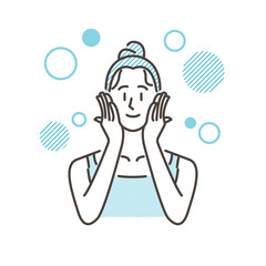 Woman smearing lotion on her face with both hands [Vector illustration]