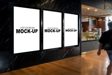 Store enrouleur Mur Mockup three advertising  LED Screen Install on marble wall