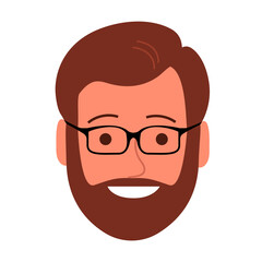 Portrait of a cheerful young man with a happy smile. Barber salon. Face with beard and glasses. Flat vector illustration of a male head. Isolated on white background