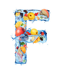 Latin letter F made of water splashes with different fruits and berries