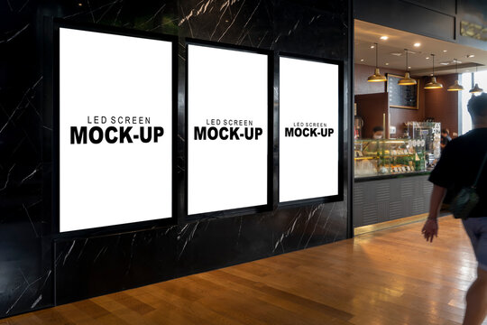 Mockup three advertising  LED Screen Install on marble wall
