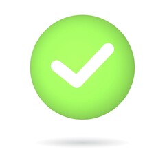 Green 3D button with check mark notification. Isolated on white background vector illustration