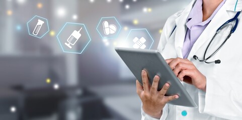 Doctor working on mobile smart phone with pharmacy icons. Online medical concept