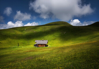 Cottages and scenery at Seiser Alm in the Dolomites