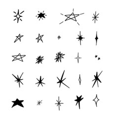 Hand drawn set of Y2K stars, starburst and retro futuristic ornaments