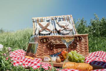 Closeup of picnic basket with drinks and food on the grass