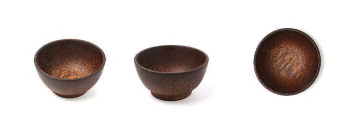 set of wooden bowl isolated on white background.