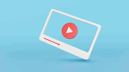Popular social media, Minimal video media player red and white Interface on blue background, 3d render.