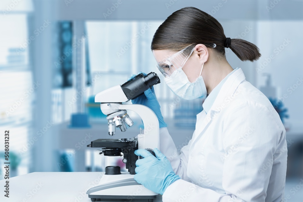 Wall mural Medical Development Laboratory: Scientist Looking Under Microscope,