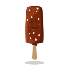 Cute chocolate ice cream. Ice cream with smile on stick. Funny cheerful ice cream cartoon character Vector flat isolated on white background. Kawaii cartoon style. For menu, recipe, cafe, restaurant