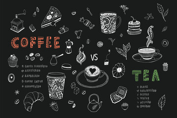 coffee and tea cup, croissant, cake food vector illustrations set