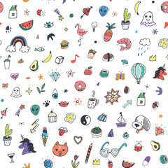Funny doodles: animals, plants, diamonds seamless vector line pattern