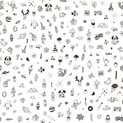 Fototapeta na wymiar Funny doodles: animals, plants, planets, diamonds seamless vactor pattern