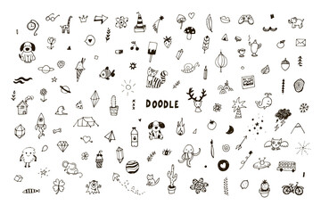 Funny doodles: animals, plants, camping, science vector illustrations line set