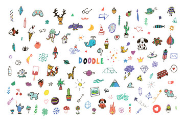 Funny doodles: animals, plants, camping, science vector illustrations set
