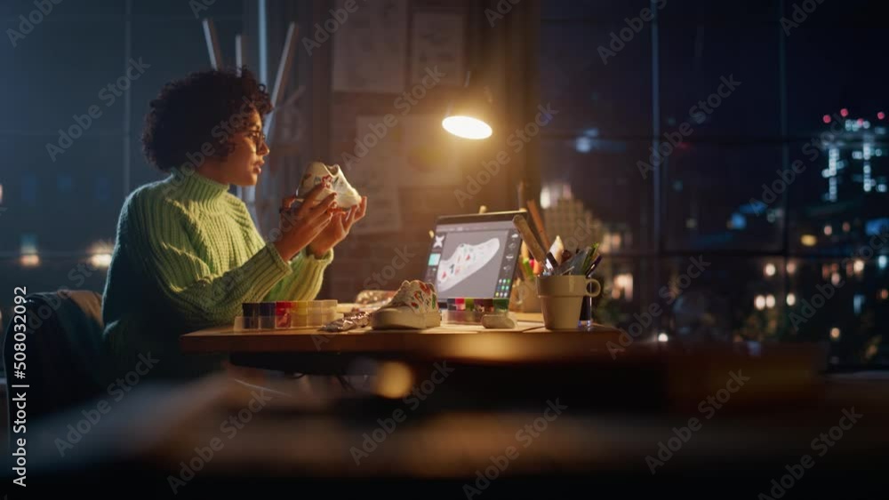 Aufkleber diverse female designer holding shoe like an art object and checking with 3d model at laptop while d