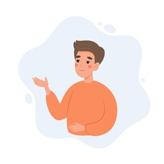 Man explaining, presenting or showing something. Cute character, vector illustration in flat or cartoon style