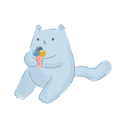 Cartoon cat with ice cream. Hand drawn summer beach Cute cat. Rest and vacation. Watercolor pencil bitmap drawing. Vector illustration on white background.