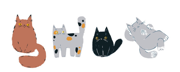 Cartoon cat set. Hand drawn cute cat. Rest and vacation. Watercolor pencil bitmap drawing. Vector illustration on white background. © Valentina