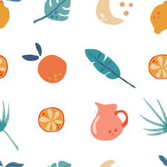 Organic tropic fruits leaves seamless pattern. Matisse abstract lemon, orange and leaves. Contemporary art print. Set of trendy doodle elements. Bundle vector natural shapes, minimalist illustration