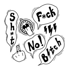 Comic speech bubble with swear words, middle finger symbols. Doodle hand drawn speech bubble with curses. Angry smile face emoji. Vector illustration isolated on white.