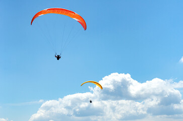 Paragliders in flight against a beautiful sky.