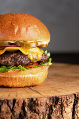 burger with meat, burger on a wooden table, juicy burger with different fillings