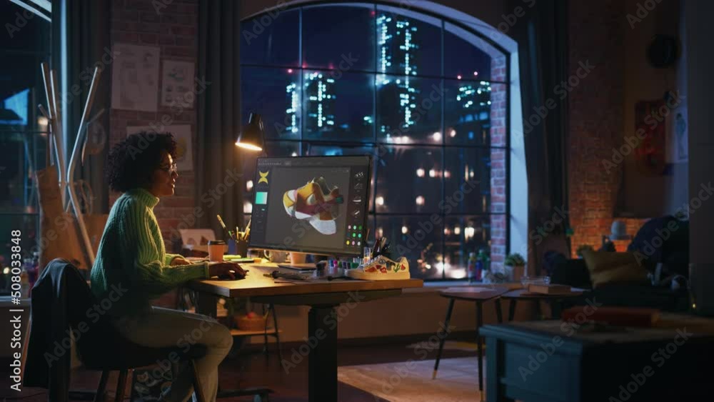Poster Multiracial Female Comes Up with Design of Sneakers by Reproducing It in the Program for 3d Visualisation. She Changes Colour and Looking at Model from Different Sides