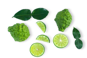 Bergamot fruit with cut in half and leaf isolated on white background. Clipping path.