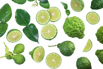 bergamot or kaffir with slice and leaves isolated on white background , top view , flat lay. - obrazy, fototapety, plakaty