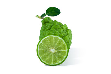 Bergamot fruit with cut in half and leaf isolated on white background. Clipping path.