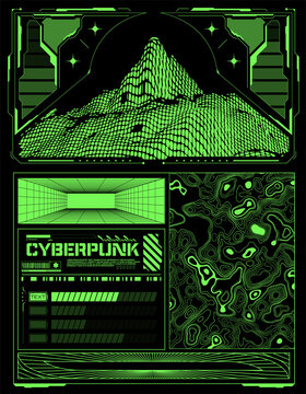  Abstract Future Poster Acid Style. Retro Futuristic Design Elements, Perspective Grid, Tunnel, Circle. Black And Green Retro Cyberpunk Style. Vector Illustration