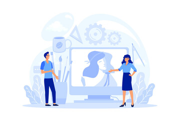 Graphic illustration designer, illustrator concept. Artist drawing picture for book and magazines, digital illustration for web sites and advertising. Creative profession. Isolated vector illustration