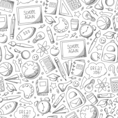 school seamless pattern with monochrome doodles, school supplies. wrapping paper, coloring page, wallpaper, scrapbooking, stationary, packaging, etc. EPS 10